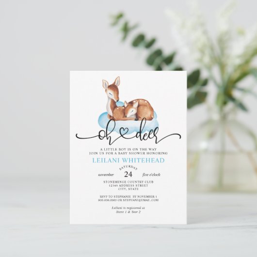 Oh Herten Waterverf Blue Cloud Baby shower Invite Briefkaart (Staand voorkant)