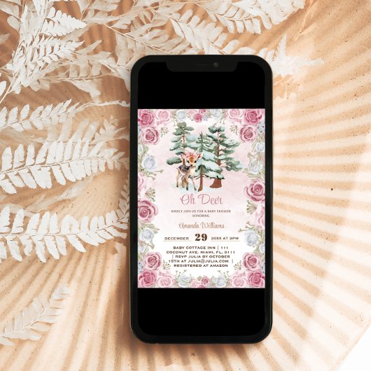 Oh Herten Winter Bloemen Baby Meisje Douche Kaart