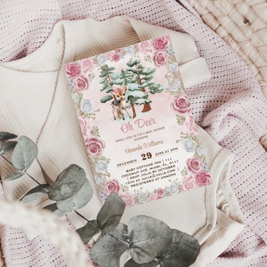 Oh Herten Winter Bloemen Baby Meisje Douche Kaart