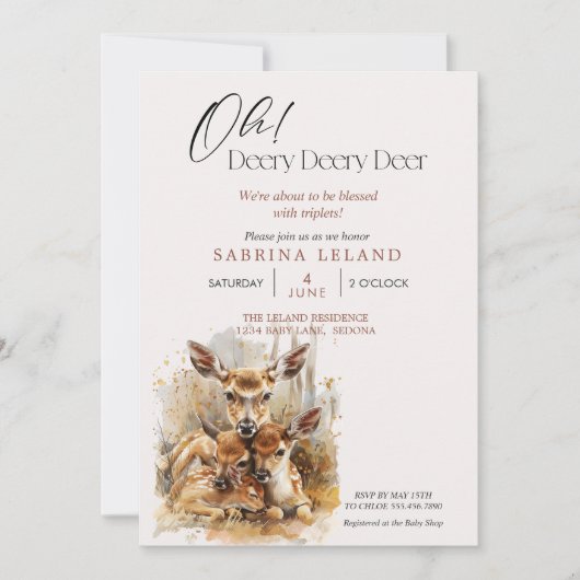 Oh hertje hertje hert drieling baby shower kaart (Voorkant)