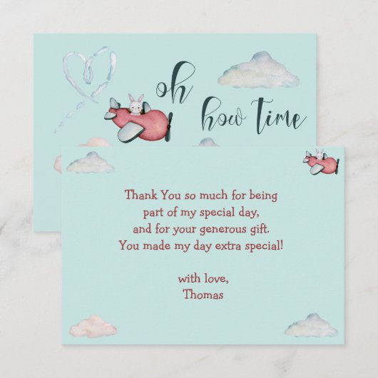 Oh hoe de tijd vliegt retro vliegtuig jongen verja bedankkaart (Voorkant / Achterkant)