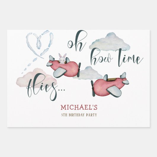 Oh hoe de tijd vliegt retro vliegtuig jongen verja inpakpapier vel (Voorkant)