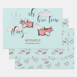 Oh hoe de tijd vliegt retro vliegtuig jongen verja inpakpapier vel