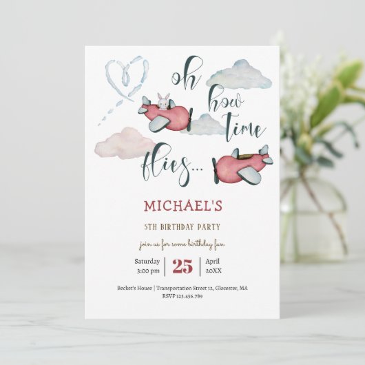 Oh hoe de tijd vliegt retro vliegtuig jongen verja kaart (Staand voorkant)