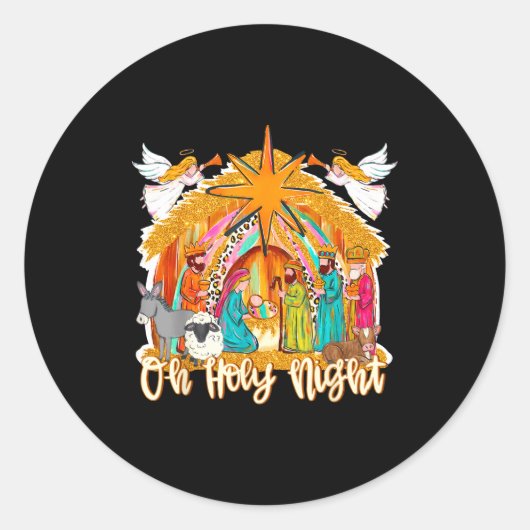 Oh Holy Night Christian Nativity Scene Christmas R Ronde Sticker (Voorkant)