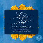 Oh ja, dat deden we, modern huwelijksdiner en fees kaart<br><div class="desc">Elegant kondig je nog lang en gelukkig aan met onze moderne marineblauwe thema bruiloftsviering uitnodigingskaart, "oh ja dat hebben we gedaan". Op maat gemaakt voor koppels die hun liefdesverhaal voortzetten, biedt deze uitnodiging een perfecte balans tussen sophisticatie en charme, waardoor de scène wordt gezet voor een onvergetelijk evenement. Met een...</div>