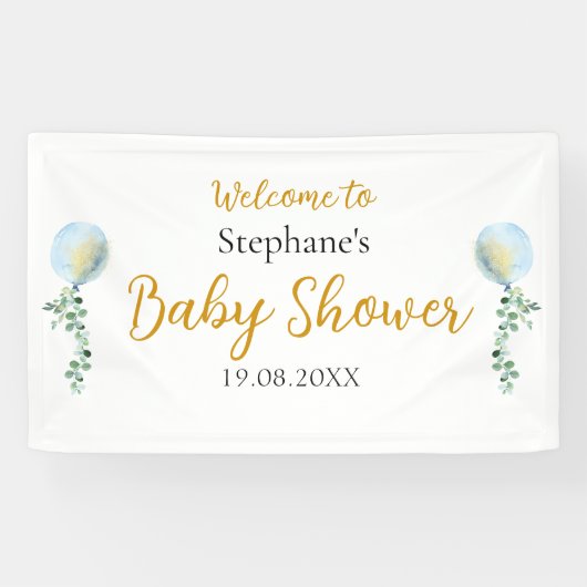 Oh jongen baby blauwe ballon eucalyptus spandoek (Horizontaal)