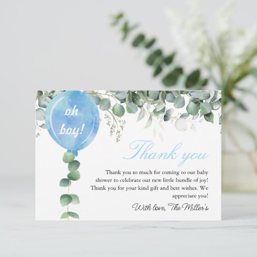 Oh Jongen ballonvaars baby shower eucalyptus Bedankkaart (Staand voorkant)