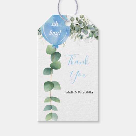 Oh Jongen ballonvaars baby shower eucalyptus Cadeaulabel (Voorkant)