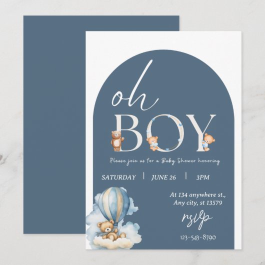 Oh jongen! Beer en Blue Balon Baby shower Kaart (Voorkant / Achterkant)