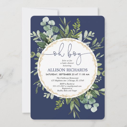 Oh jongen blauw baby shower met goudblauw kaart (Voorkant)