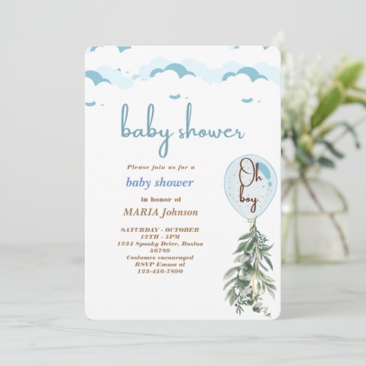 Oh jongen blauwe ballon Eucalyptus baby shower uit Kaart (Staand voorkant)