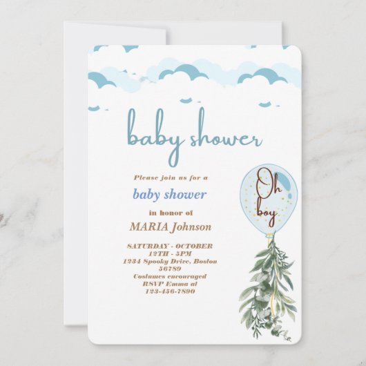 Oh jongen blauwe ballon Eucalyptus baby shower uit Kaart (Voorkant)