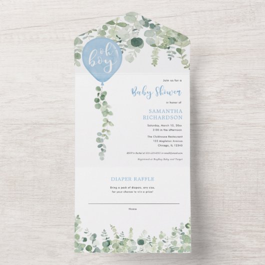 Oh jongen blauwe ballonnen modern groen baby showe all in one uitnodiging (Binnen)