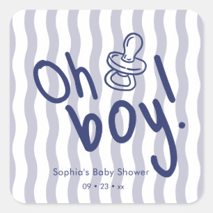 Oh Jongen Blauwe Golfstrepen Baby Shower Vierkante Sticker