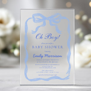 Oh Jongen Blauwe Lint Boog Baby Shower Acryl Uitnodigingen