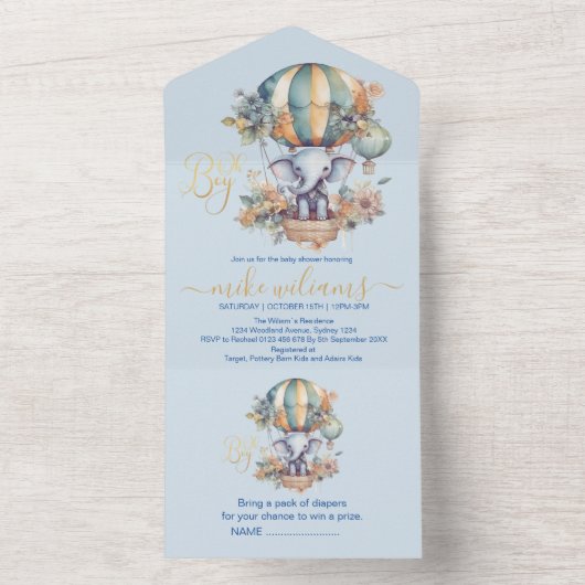 Oh jongen blauwe waterverf olifant baby shower all in one uitnodiging (Binnen)