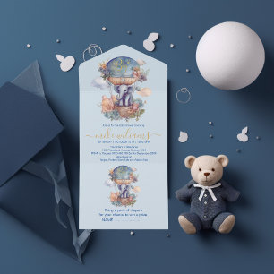 Oh jongen blauwe waterverf olifant baby shower all in one uitnodiging