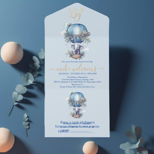 Oh jongen blauwe waterverf olifant baby shower all in one uitnodiging