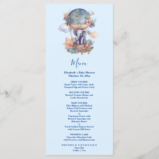 Oh jongen blauwe waterverf olifant baby shower menu (Achterkant)