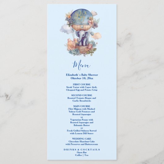 Oh jongen blauwe waterverf olifant baby shower menu (Voorkant)