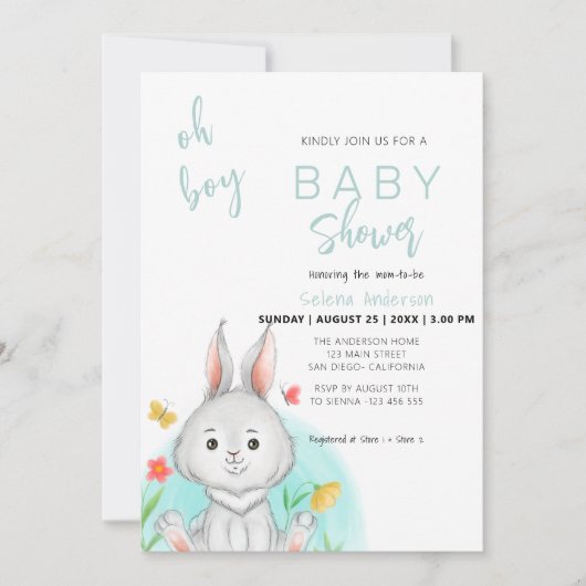 Oh jongen | Bunny Rabbit Baby shower Invitation Kaart (Voorkant)