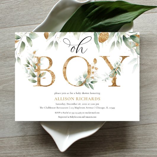 Oh Jongen elegant simpel groen goud baby shower Kaart
