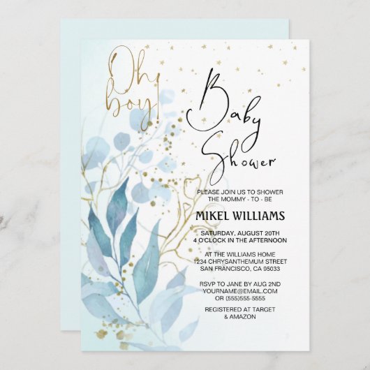 Oh jongen | Elegant Waterverf gewoon Baby shower Kaart (Voorkant / Achterkant)