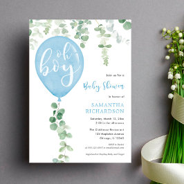 Oh jongen modern eucalyptusblauw ballon baby showe kaart