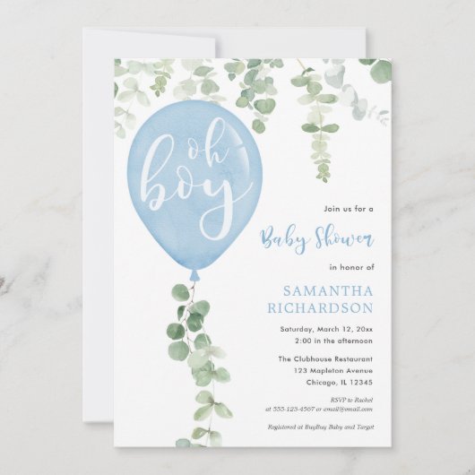 Oh jongen modern eucalyptusblauw ballon baby showe kaart (Voorkant)