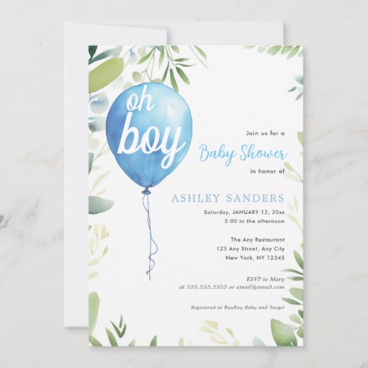 Oh jongen modern eucalyptusblauw ballon baby showe kaart (Voorkant)