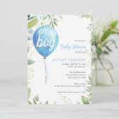 Oh jongen modern eucalyptusblauw ballon baby showe kaart (Staand voorkant)