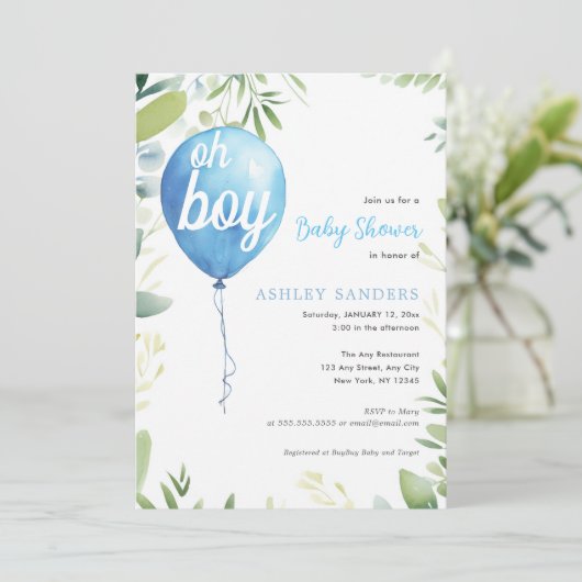 Oh jongen modern eucalyptusblauw ballon baby showe kaart (Staand voorkant)