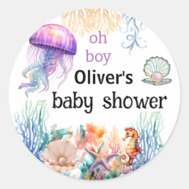 Oh jongen onder het zeeen kwal baby shower ronde sticker