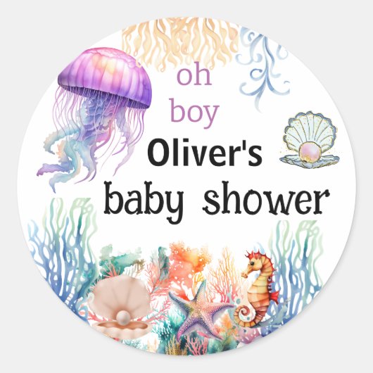 Oh jongen onder het zeeen kwal baby shower ronde sticker (Voorkant)