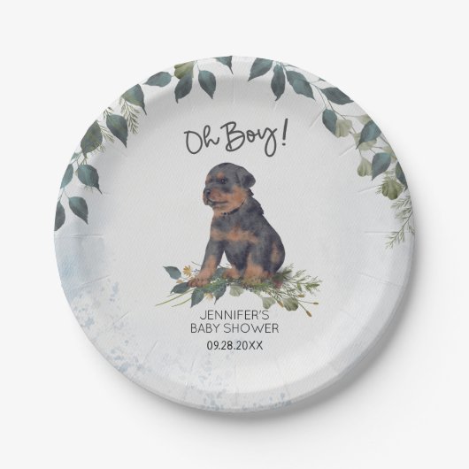 Oh jongen! Rottweiler Puppy Dog Custom Baby shower Papieren Bordje (Voorkant)