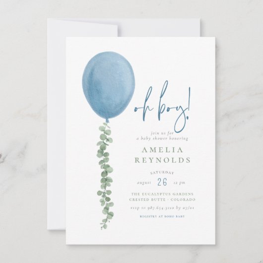 Oh jongen | Waterverf Eucalyptus Balonaal Baby sho Kaart (Voorkant)