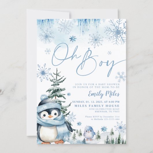 Oh jongensuitnodiging, Winterpinguïn baby shower Kaart (Voorkant)