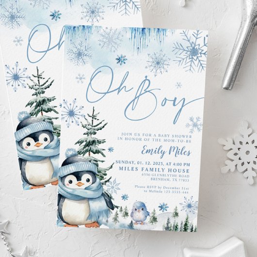 Oh jongensuitnodiging, Winterpinguïn baby shower Kaart