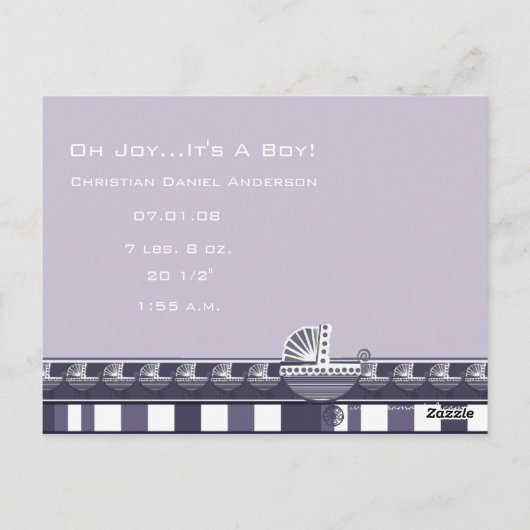 Oh Joy... Het is een Baby! Paarse kan een jongen o Briefkaart (Achterkant)