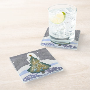 Oh Kerstboom Waterverf Winter Schilderij Glazen Onderzetter