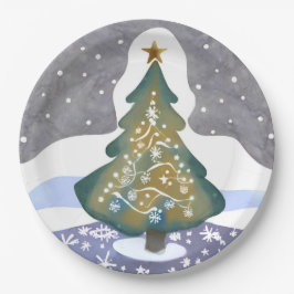 Oh Kerstboom | Waterverf Winter Schilderij Papieren Bordje