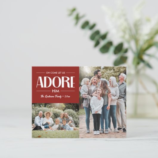 Oh kom laat ons aanbidden hem ROOD Christelijk 2 f Feestdagenkaart (Staand voorkant)