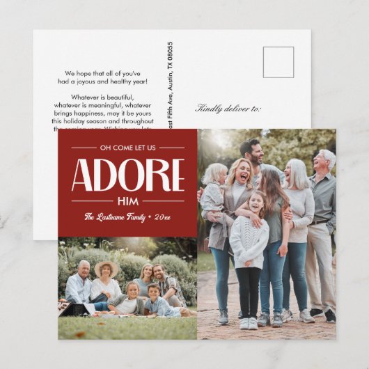 Oh kom laat ons aanbidden hem ROOD Christelijk 2 f Feestdagenkaart (Voorkant / Achterkant)