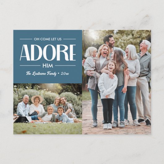 Oh kom laat ons hem aanbidden BLAUW Christelijk 2  Feestdagenkaart (Voorkant)