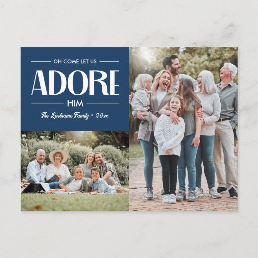 Oh kom laat ons hem aanbidden BLAUW Christelijk 2  Feestdagenkaart (Voorkant)