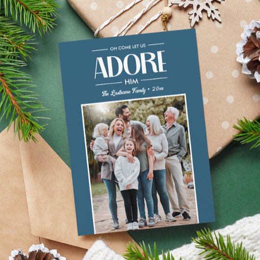 Oh kom laat ons hem aanbidden BLAUW Christelijk Fo Feestdagenkaart