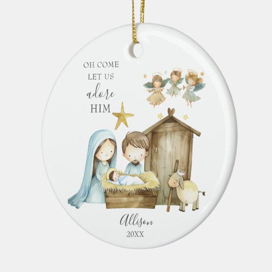 Oh kom, laten we hem aanbidden kerststal kerst keramisch ornament (Links)