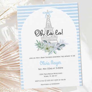 Oh La French Paris Boy Blue Trendy Baby shower Kaart