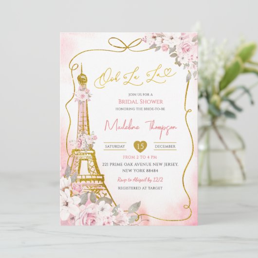 Oh La La Blush Roze Franse Parijse Bruiloft Borrel Kaart (Staand voorkant)